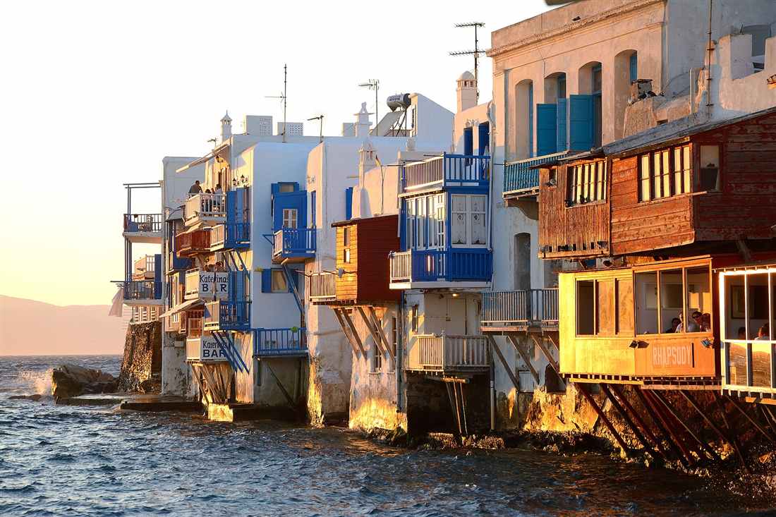 Little Venice in Mykonos Town at sunset above the sea