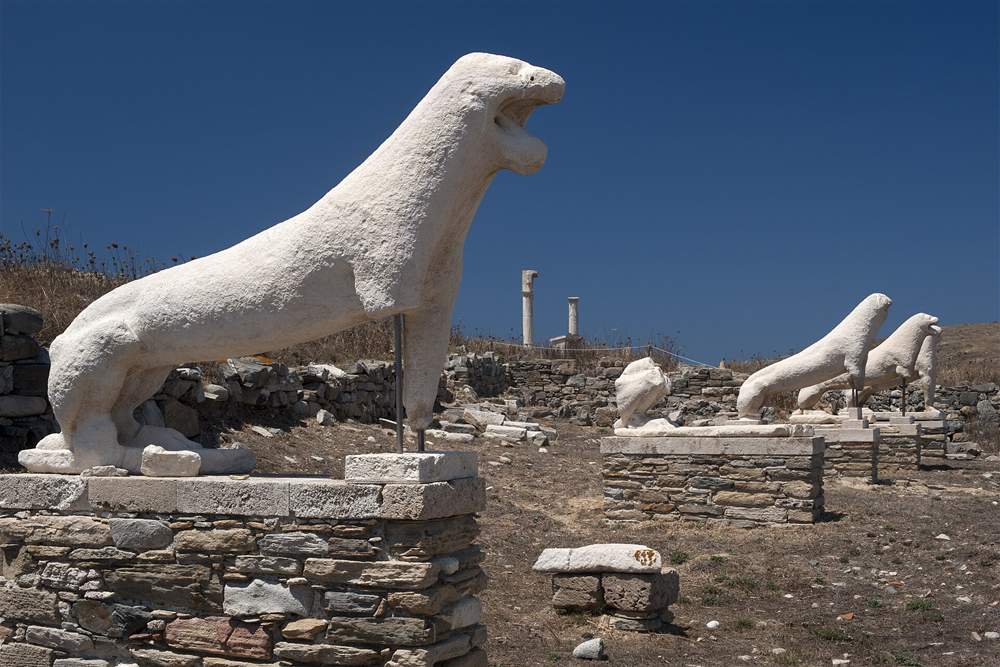 Terrace of the Lions on Delos, the sacred island passed on Mykonos catamaran cruises