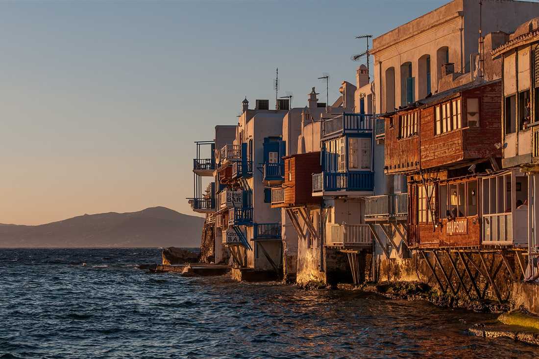Little Venice on Mykonos in the last light, a backdrop for the flying dress sessions