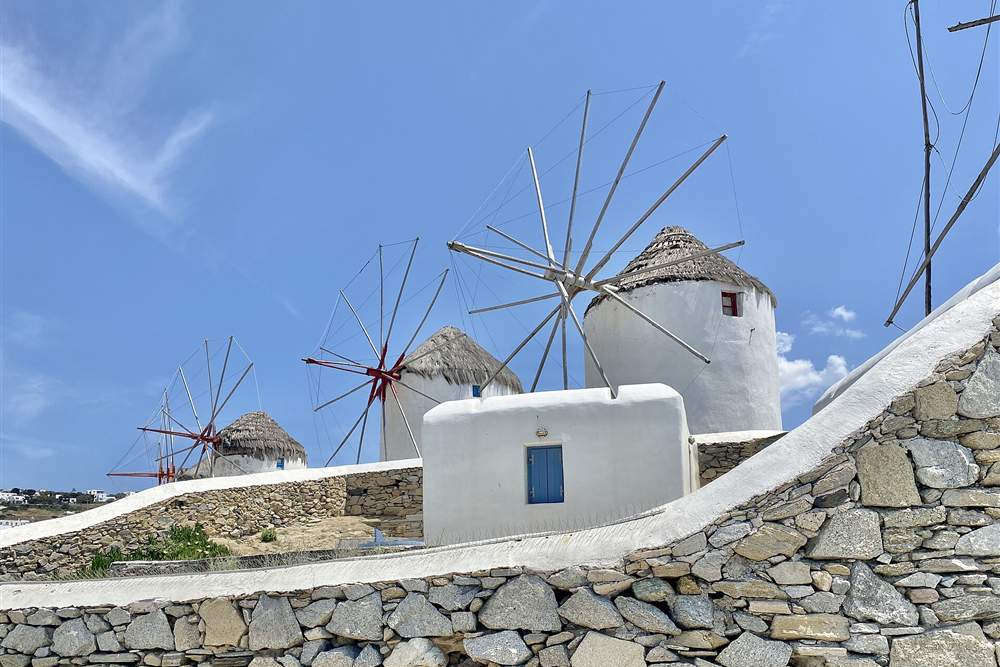 The Kato Mili windmills above Chora on Mykonos