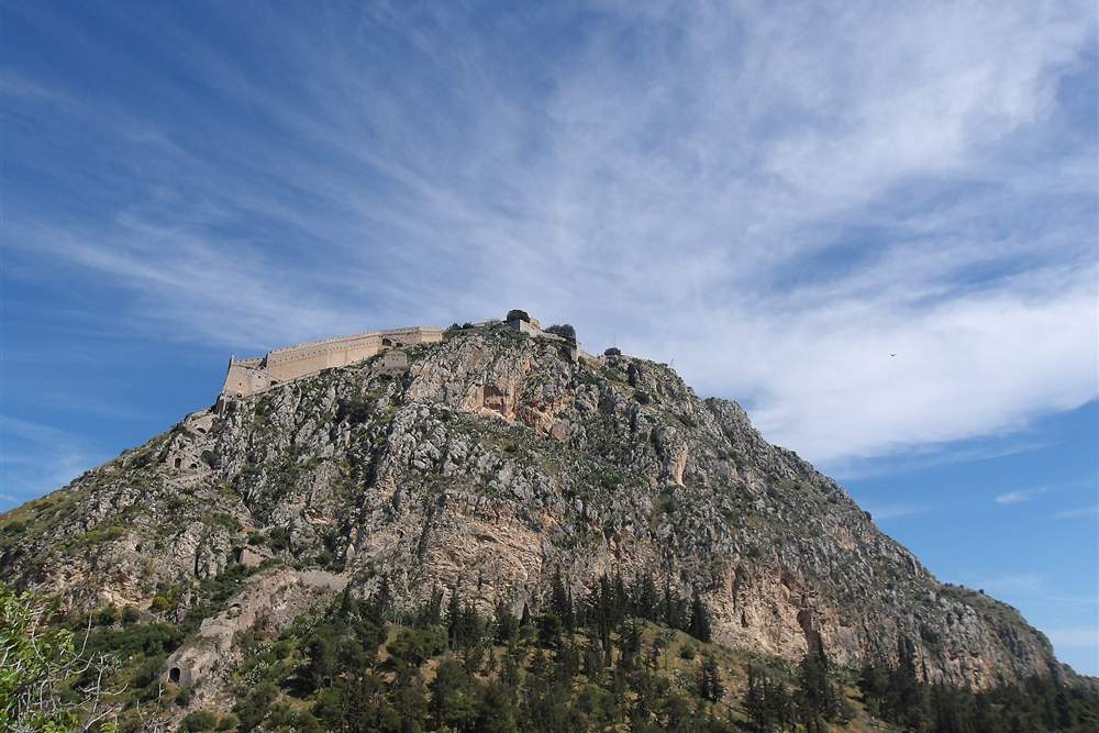 The Palamidi fortress on its rock above Nafplio seen from Arvanitia beach