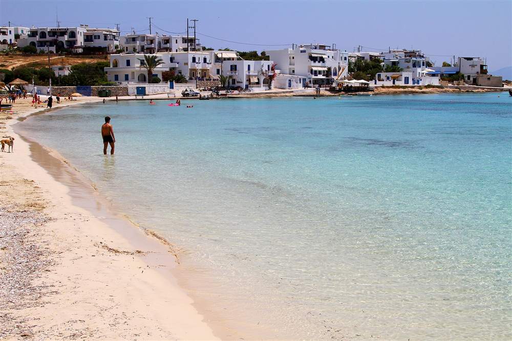The whitewashed village and turquoise bay of Koufonisia in the Small Cyclades, a Naxos yacht charter anchorage