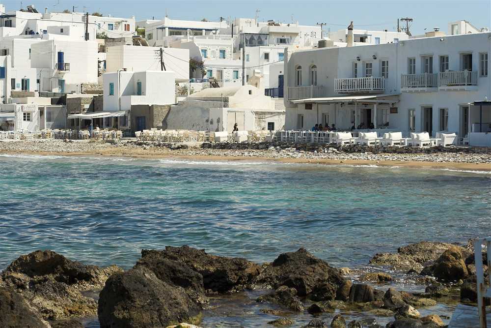 Waterfront tavernas and white houses on the bay at Naoussa, Paros