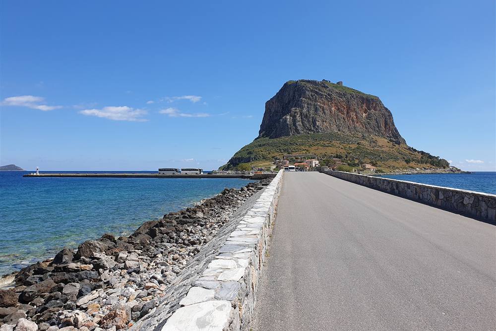Rock of Monemvasia seen from the causeway on a Peloponnese tour