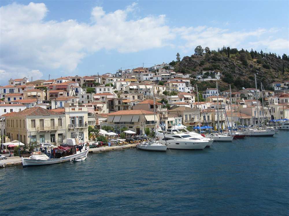 The yacht-lined harbour of Poros Town on the Saronic strait