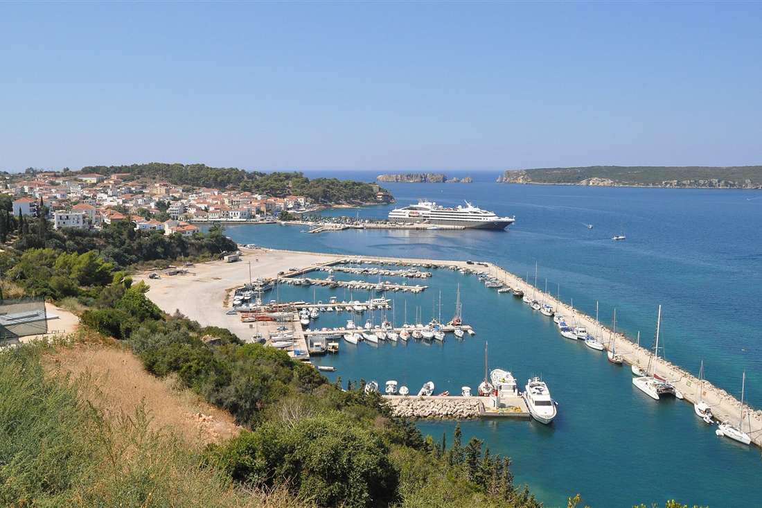 Pylos town and its marina with the island of Sfaktiria closing Navarino bay