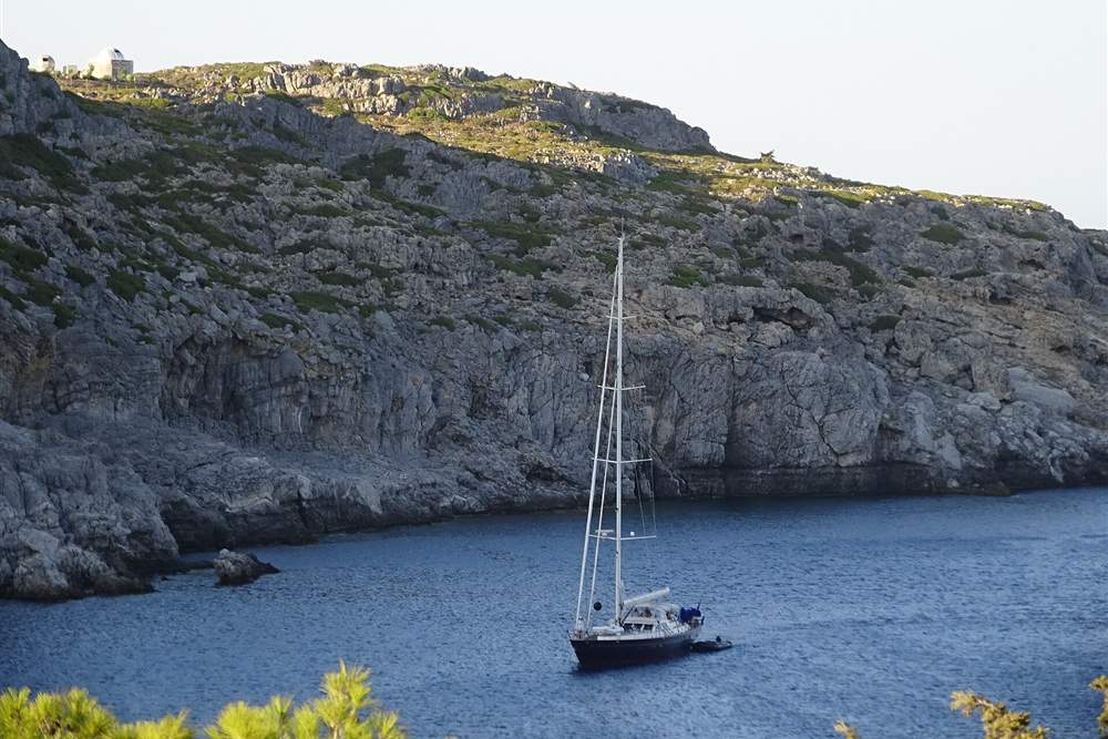 A yacht at anchor in Anthony Quinn Bay on the east coast of Rhodes