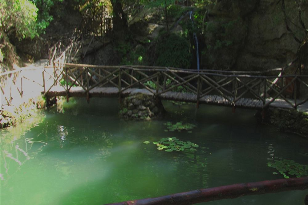 A wooden bridge over the green pool in the Petaloudes valley