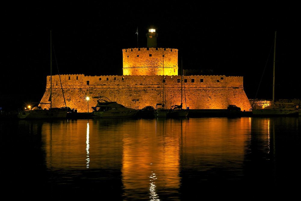 Mandraki harbour and the Saint Nicholas fort where the Rhodes cruises berth