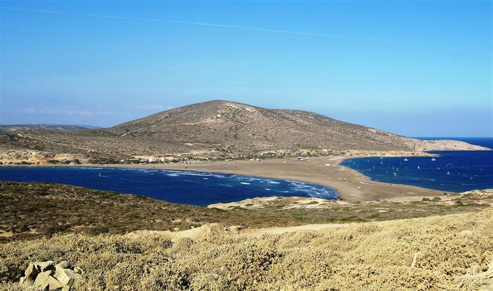 The sandbar at Prasonisi on the southern tip of Rhodes, with open sea on both sides
