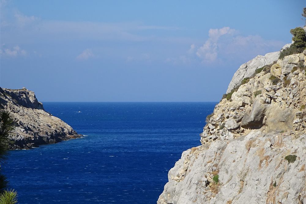 Anthony Quinn Bay opening to the sea on the east coast of Rhodes