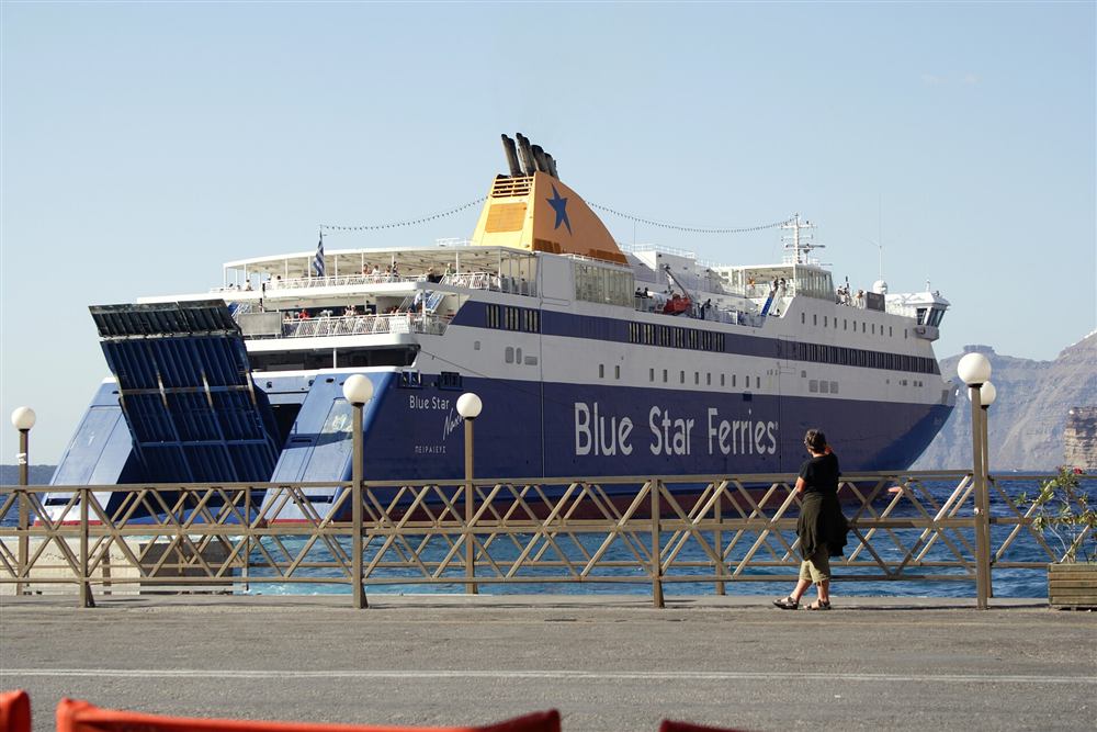Blue Star ferry docked at Athinios port on Santorini