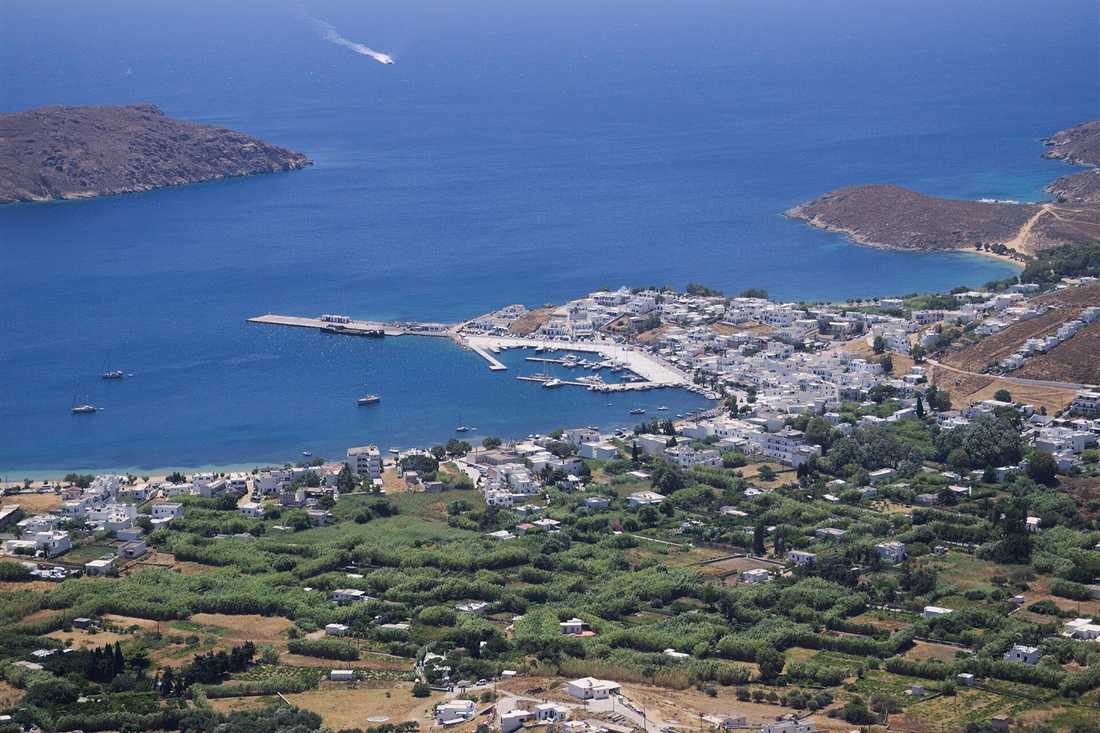 Livadi bay and port on Serifos seen from Chora, with sailing boats and the Aegean beyond