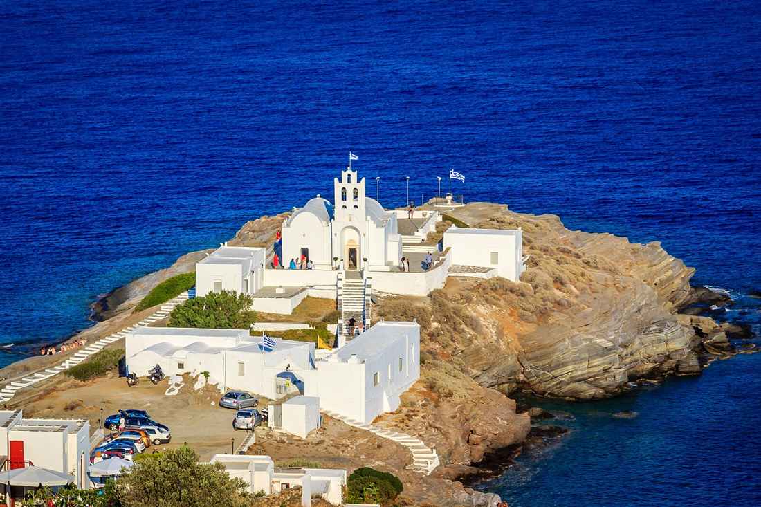 The Chrysopigi monastery on its rock spur off the south coast of Sifnos