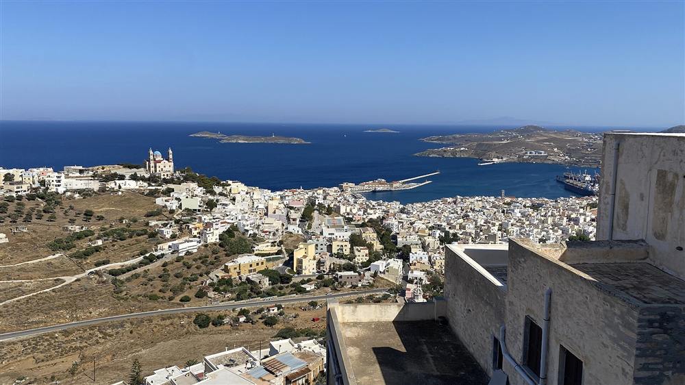 The town of Ermoupoli and its harbour on Syros seen from the hill of Ano Syros, Greece