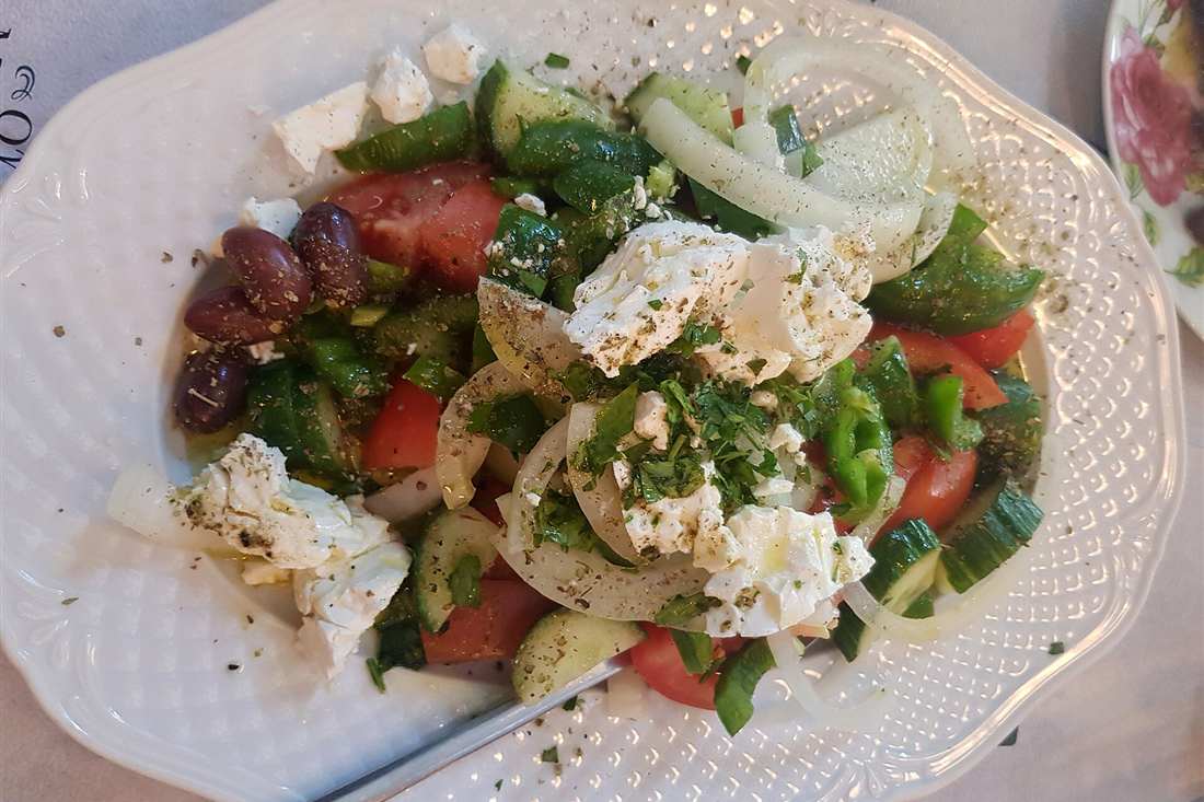 Greek salad with feta, olives and olive oil served in Thessaloniki