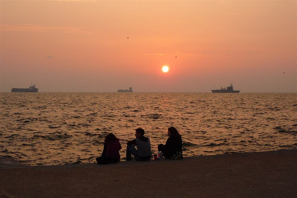 Sunset over the Thermaic Gulf from the Thessaloniki waterfront promenade