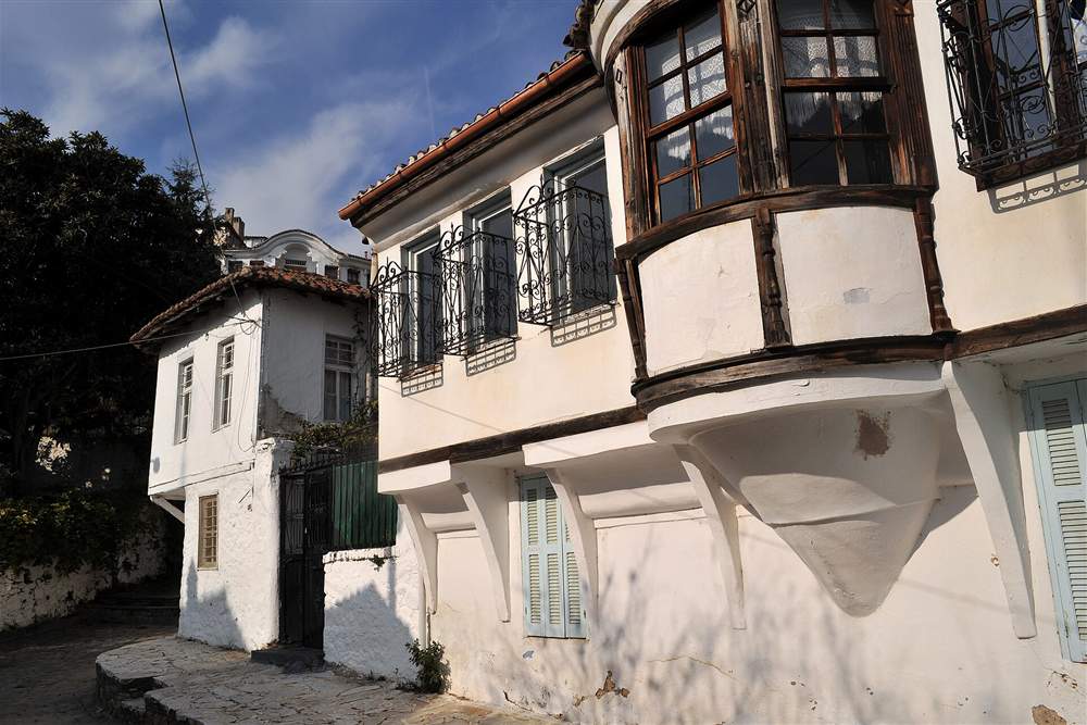 A merchant house with a wooden bay window in the old town of Xanthi
