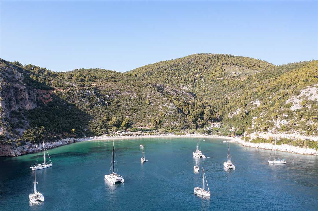 Sailing yachts and catamarans anchored in a turquoise pine-fringed cove in the Sporades reached on a Volos yacht charter