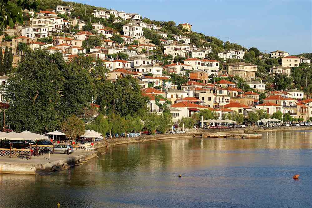 The Pelion village of Afissos rising above its harbour on the Pagasetic Gulf near Volos