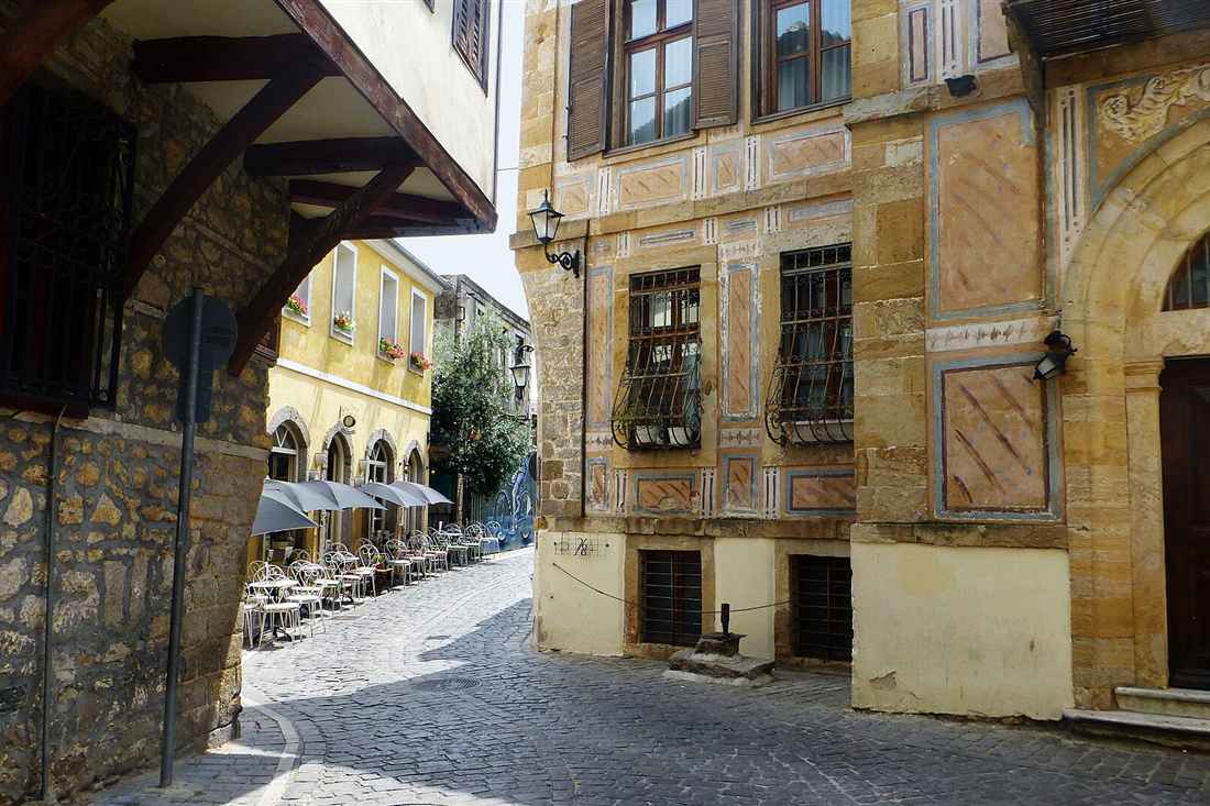 A lane of painted tobacco merchant mansions in the old town of Xanthi
