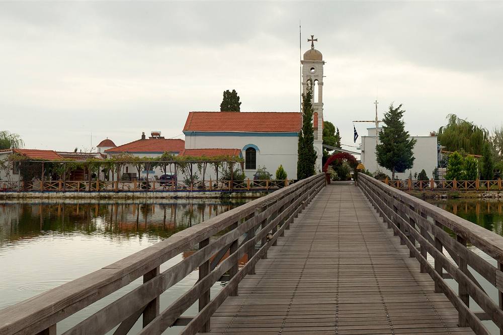 The footbridge to the monastery of Agios Nikolaos in Lake Vistonida at Porto Lagos