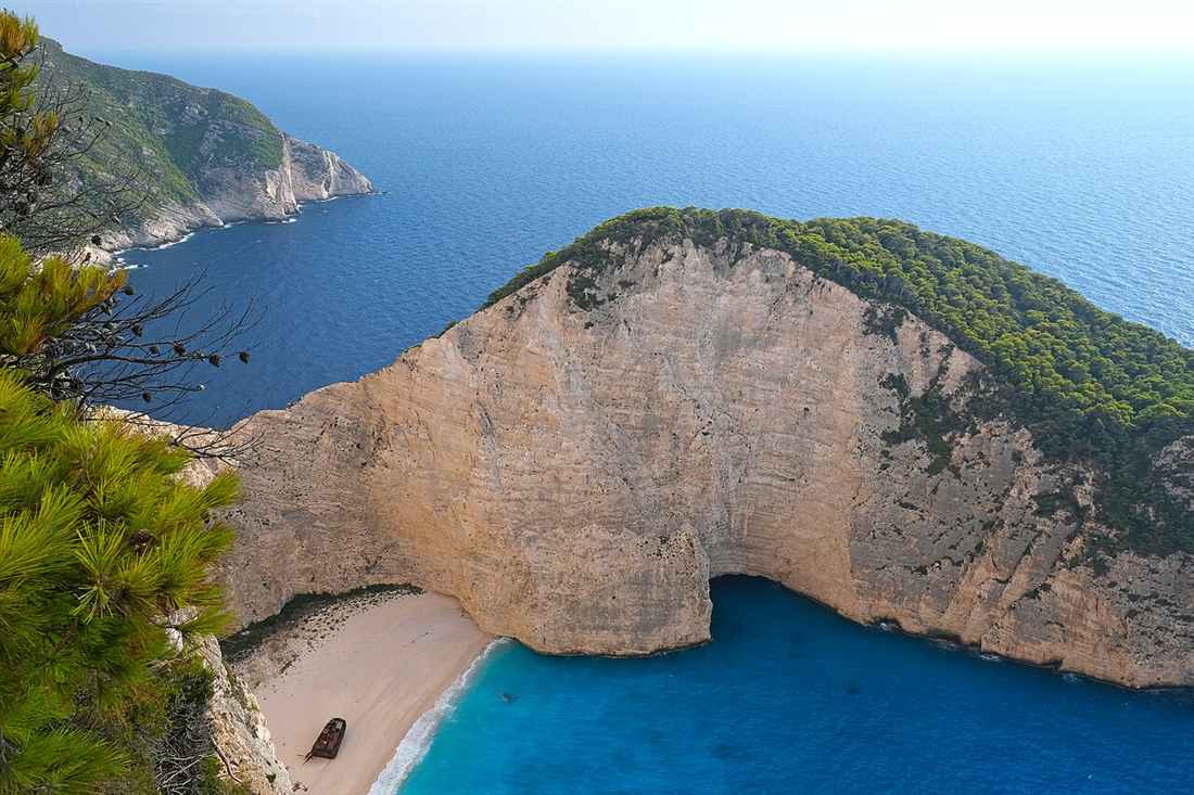 Navagio shipwreck cove seen from the clifftop viewpoint on Zakynthos