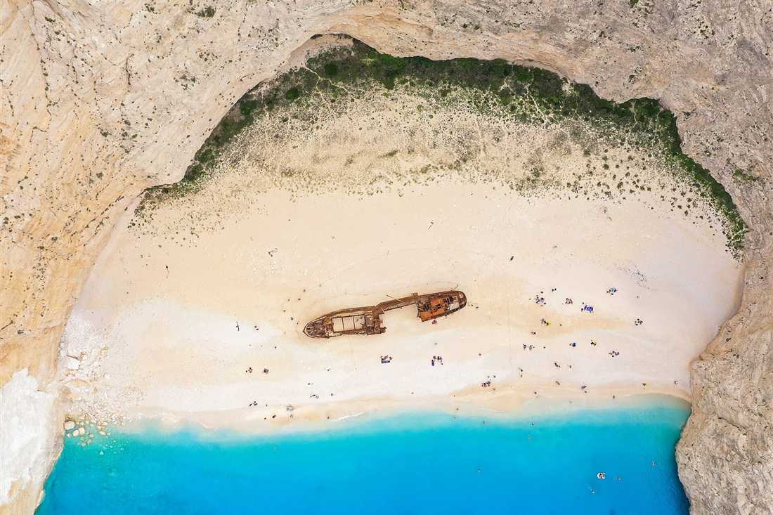 The Navagio shipwreck cove on Zakynthos seen from above