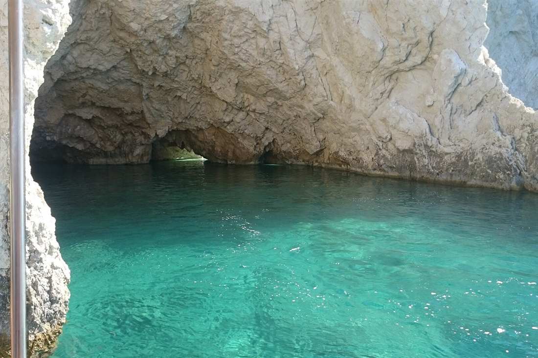 Zakynthos sea kayaking route into the turquoise sea caves of Marathonisi in Laganas Bay