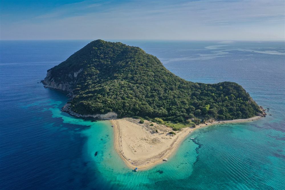 Aerial view of Marathonisi, Turtle Island, in Laganas Bay