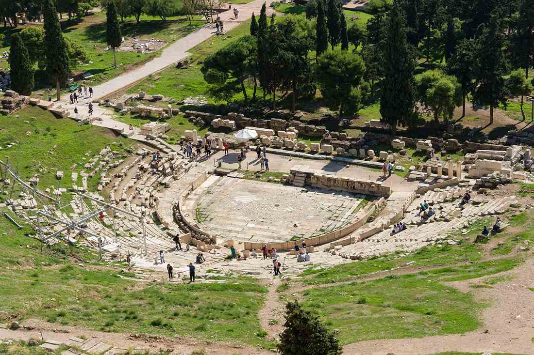 The Theatre of Dionysus seen from above, with curved rows of stone seating, a flat marble stage floor, a path winding between cypress and pine trees and a few visitors among the ruins on green grass