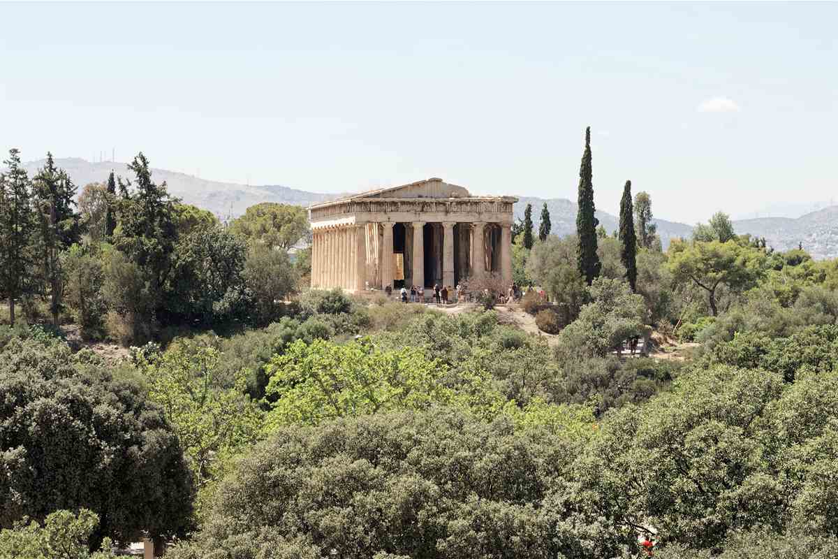 The Temple of Hephaestus among trees above the Ancient Agora of Athens, covered by Ancient Agora tickets