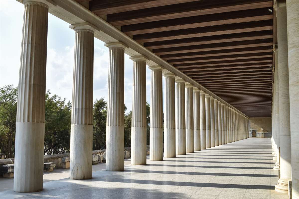 The marble colonnade of the rebuilt Stoa of Attalos, which Ancient Agora tickets include
