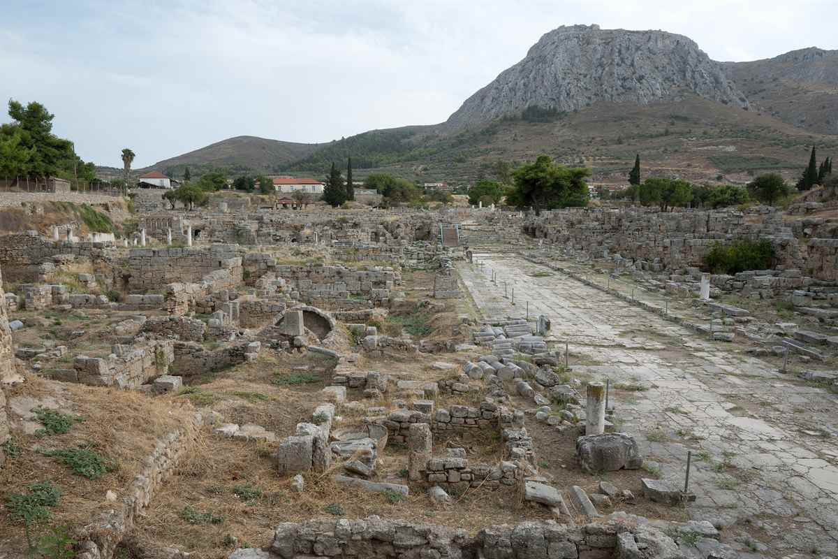 Ancient Corinth tickets include a walk up the paved Lechaion road, which leads into the Roman forum below Acrocorinth.