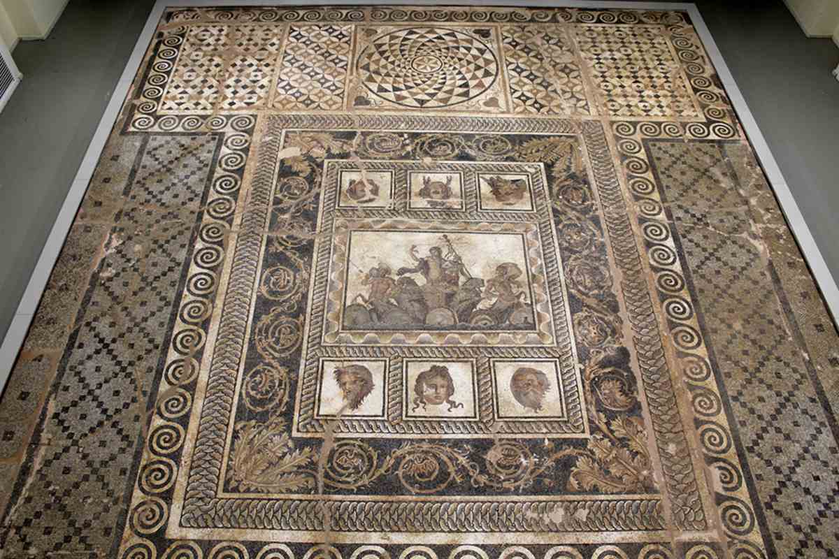 The Dionysus mosaic of Dion, with the god riding a chariot in its central panel, one of the finds that visitors with Ancient Dion tickets come to see
