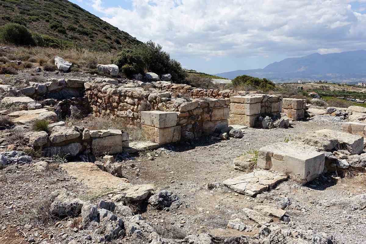 The Minoan temple ruins of Anemospilia in the foothills of Mount Juktas, a stop on Archanes tours to the Minoan sites