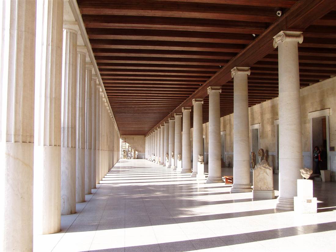 The long marble colonnade of the Stoa of Attalos in the Ancient Agora, a stop on an Athens philosophy tour.
