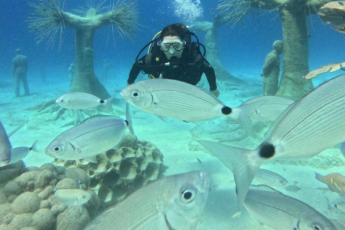 A scuba diver looks past a school of silver fish toward tree-shaped sculptures and standing figures on pale sand at the MUSAN underwater museum