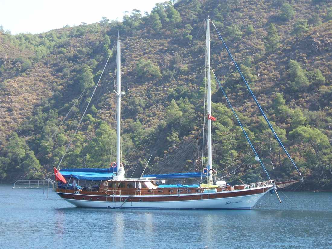 A wooden gulet with two masts at anchor in a green bay near Bodrum.