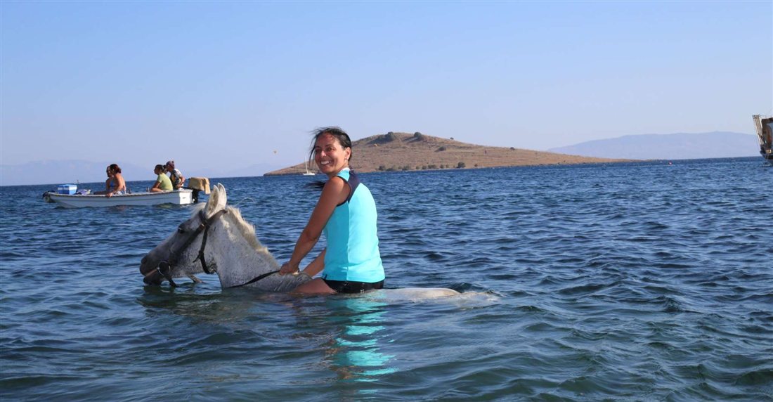 A woman swimming beside a white horse in shallow sea water off the Bodrum coast.
