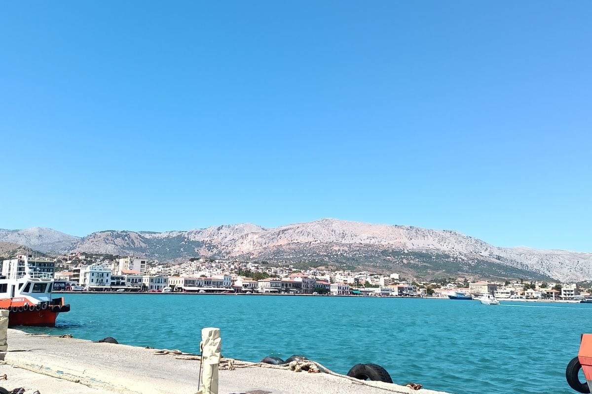 The ferry quay of Chios port with the town behind, the pickup point for Chios port transfers