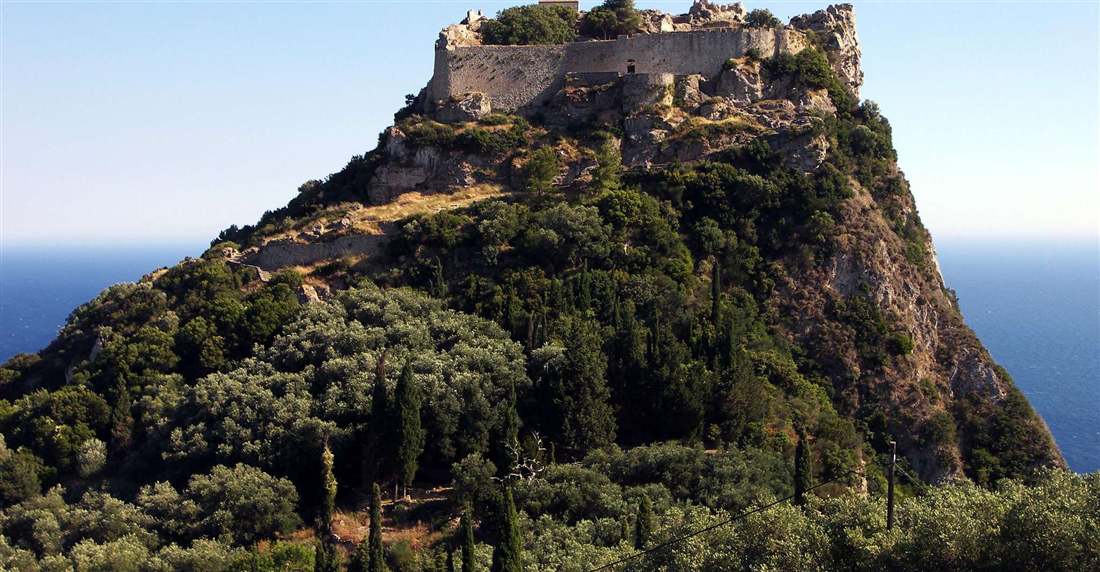 The Byzantine castle of Angelokastro on its green rock above the sea on the north-west coast of Corfu
