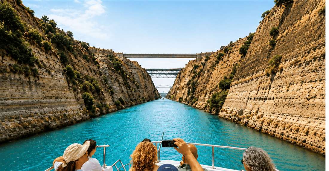 Passengers on the bow of a boat sailing between the sheer rock walls of the Corinth Canal under its bridges