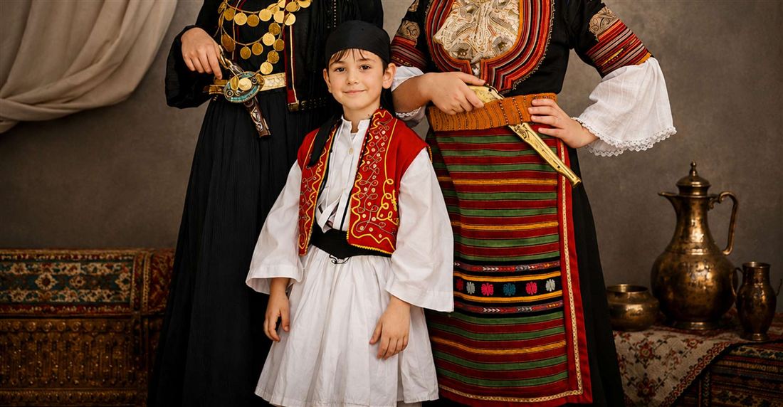 A boy in a white fustanella and red embroidered vest between two women in regional Greek dresses