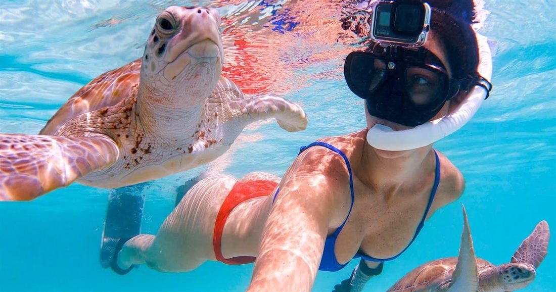 A snorkeller with a mask swims next to a sea turtle in clear blue water, the kind of swim stop on a Crete jet boat ride.