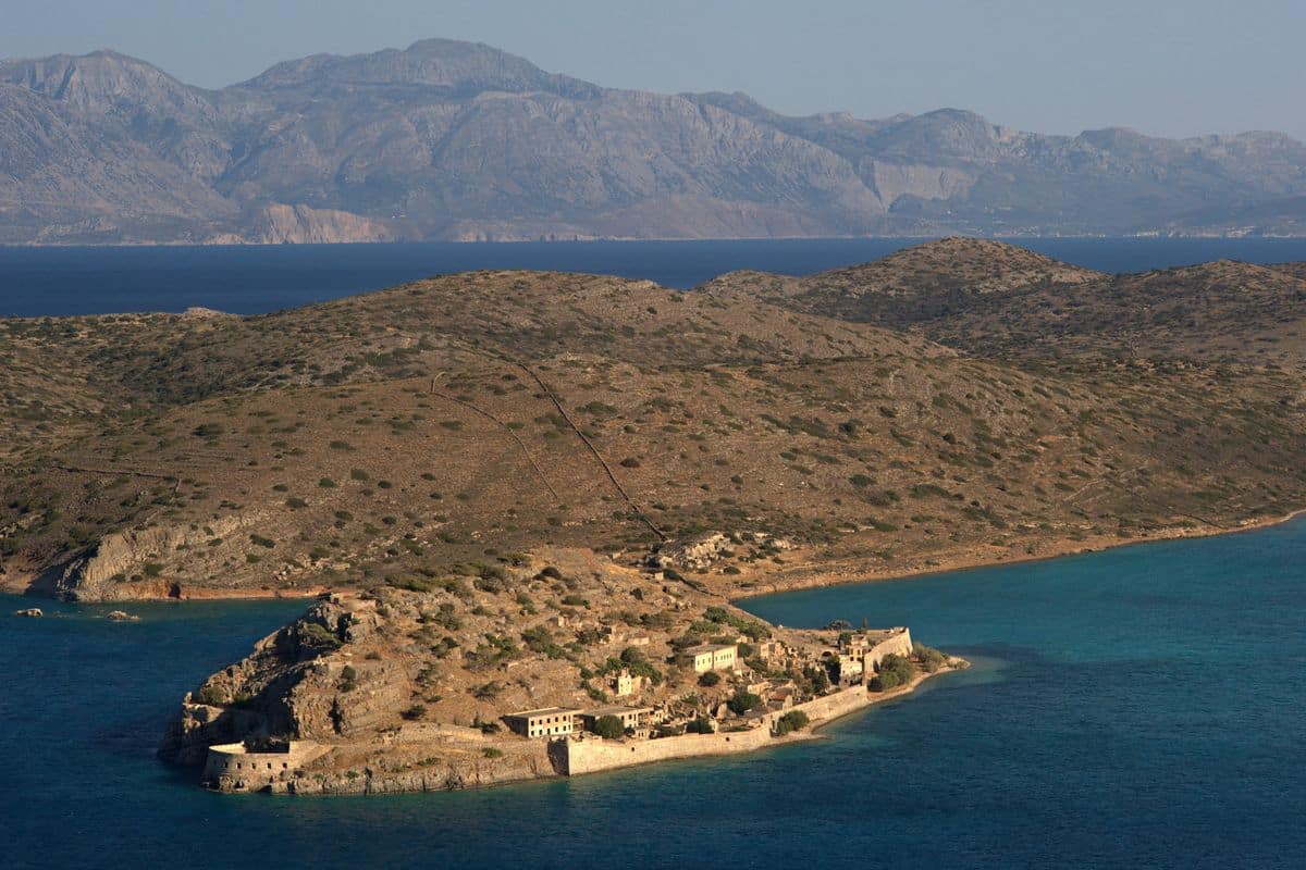 Crete pirate boat trip view of Spinalonga island near Elounda