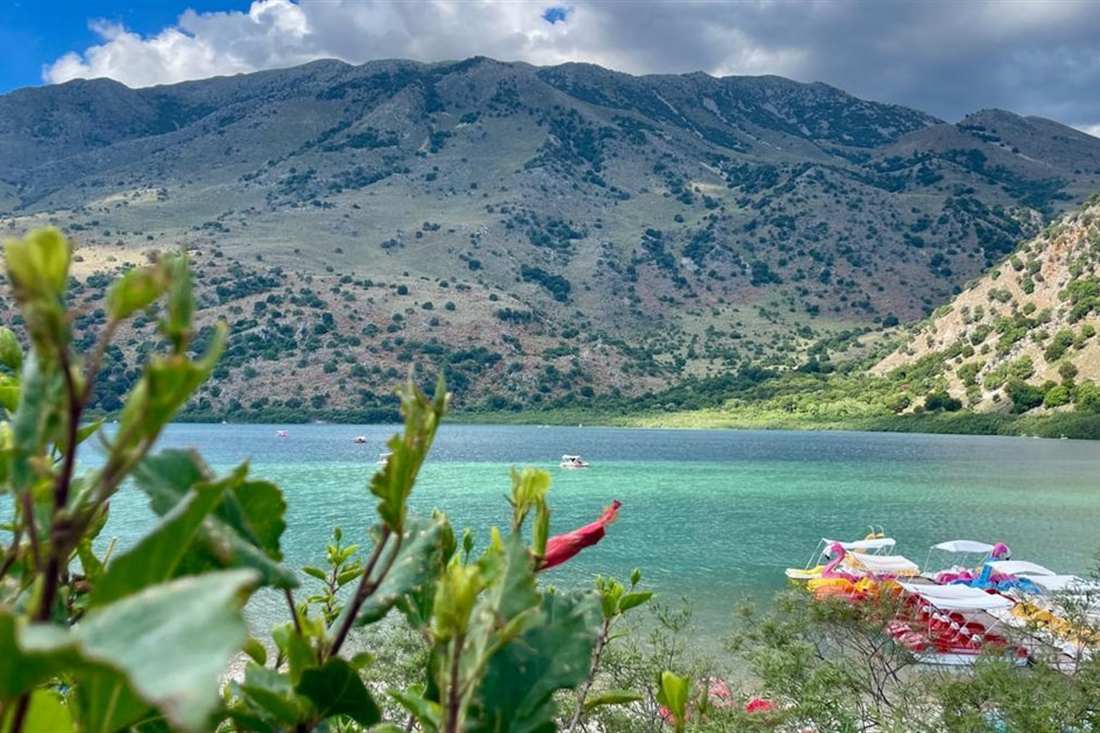 Lake Kournas below bare mountains, with green leaves in the foreground and small boats at the shore, on a Crete private tour.