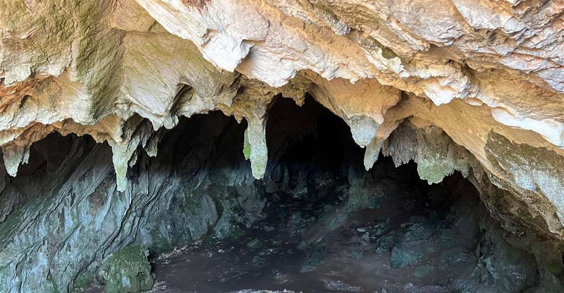 The entrance chamber of the Corycian Cave on Mount Parnassus with pale stalactites hanging from the rock