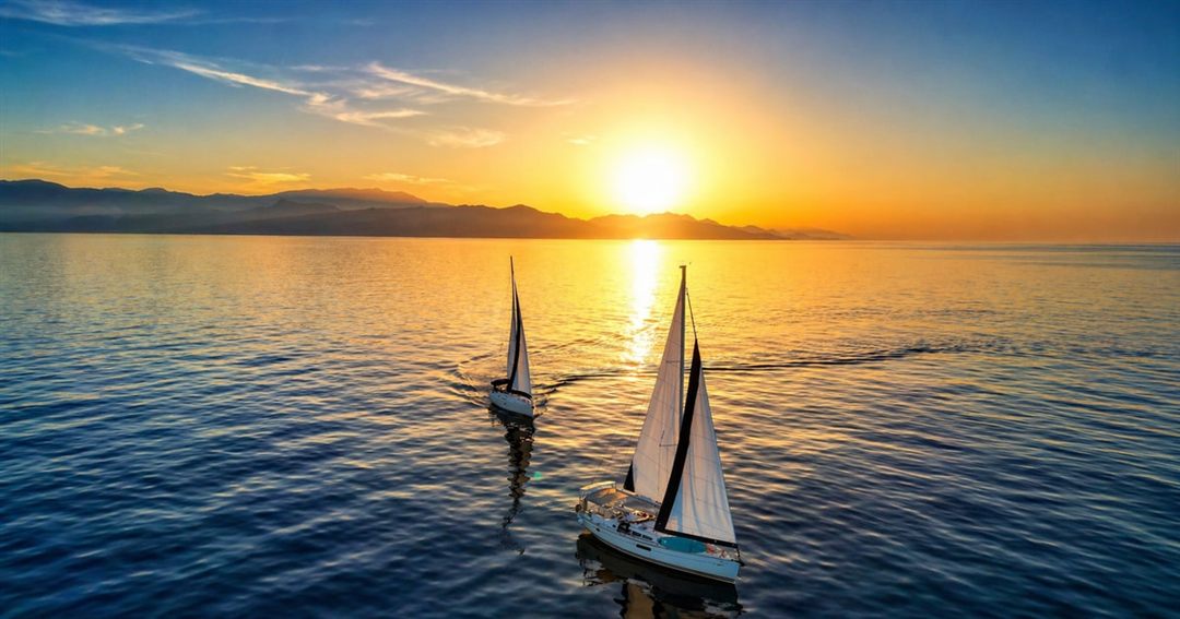 Two sailing boats on calm water at sunset off Crete, with the sun low over the hills.
