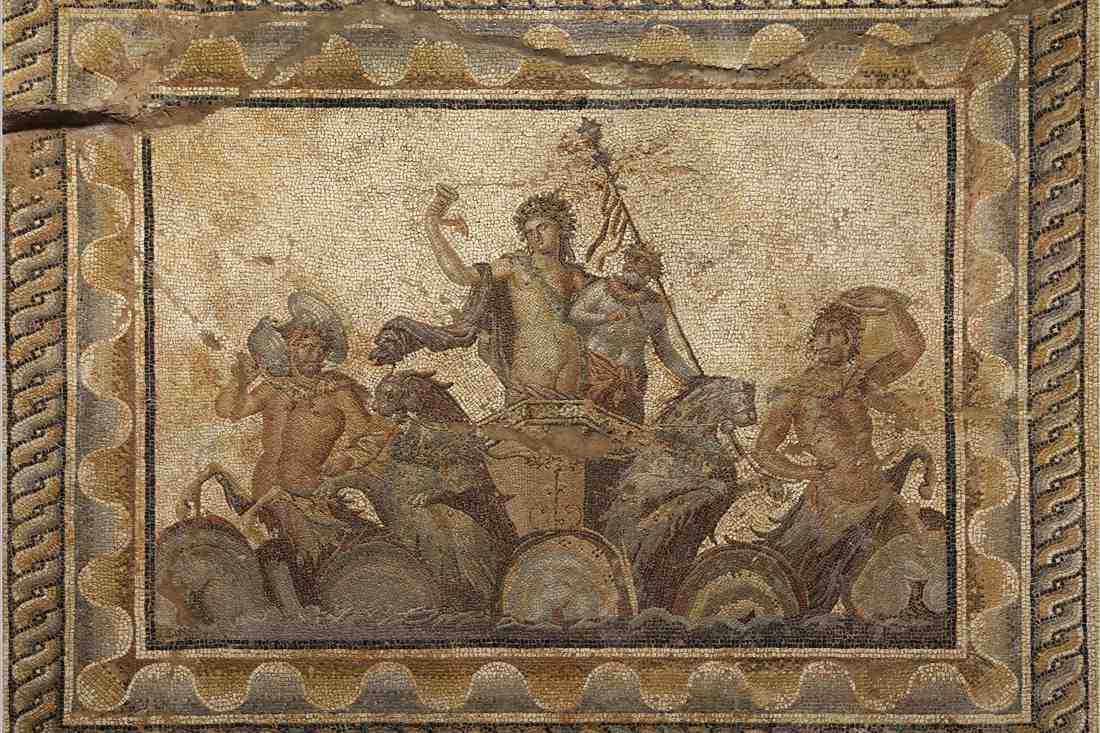 Floor mosaic of Dionysus in a chariot drawn by two sea panthers, with a bearded companion behind him and a sea centaur on each side